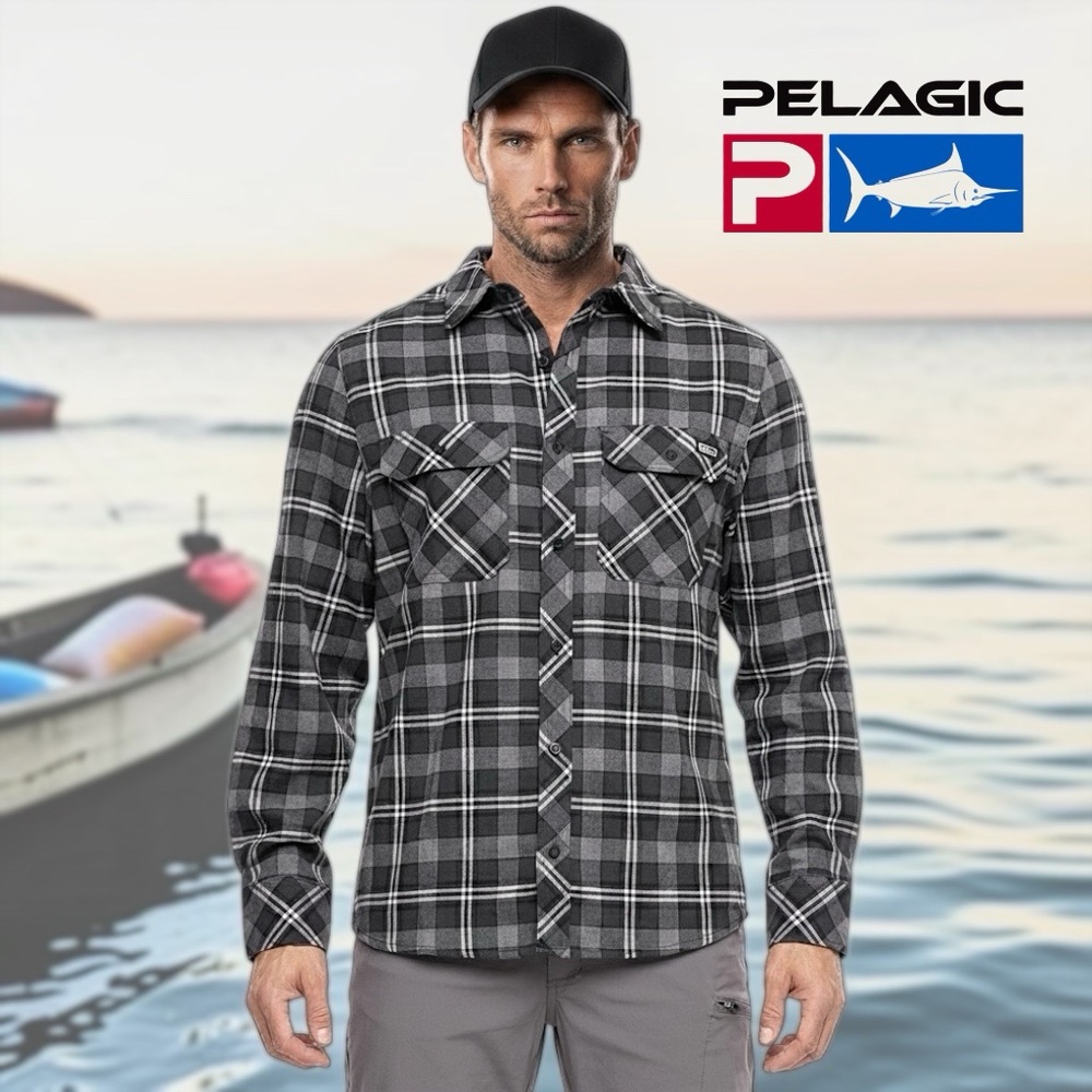 Pelagic Men’s Backlash Stretch Grey Checkered Flannel Long Sleeve Shirt Sz M